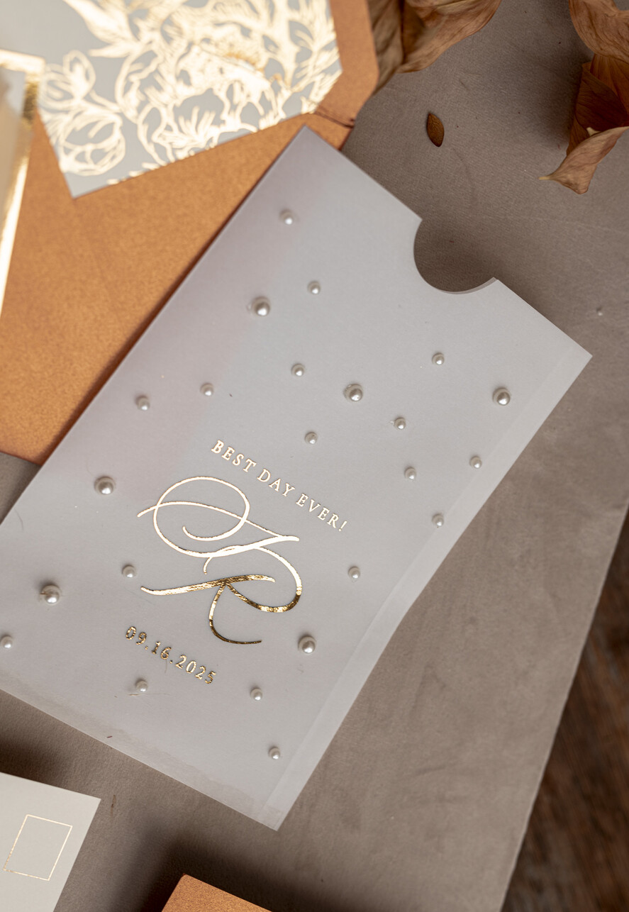 WEDDING INVITATIONS gold / rose gold / silver / glitter terracotta Chiffon bow beaded bespoke Elegant Burnt orange Gold Wedding Invitation Suite, White Perls Golden Wedding Cards, Boho golden folder Wedding Stationery, Vellum etui with monogram