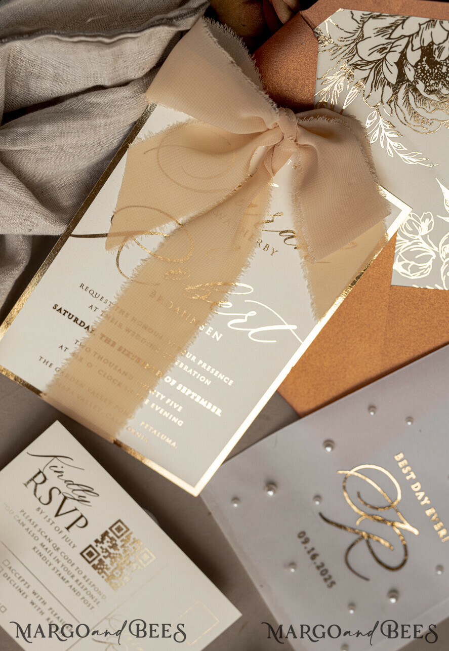 WEDDING INVITATIONS gold / rose gold / silver / glitter terracotta Chiffon bow beaded bespoke Elegant Burnt orange Gold Wedding Invitation Suite, White Perls Golden Wedding Cards, Boho golden folder Wedding Stationery, Vellum etui with monogram