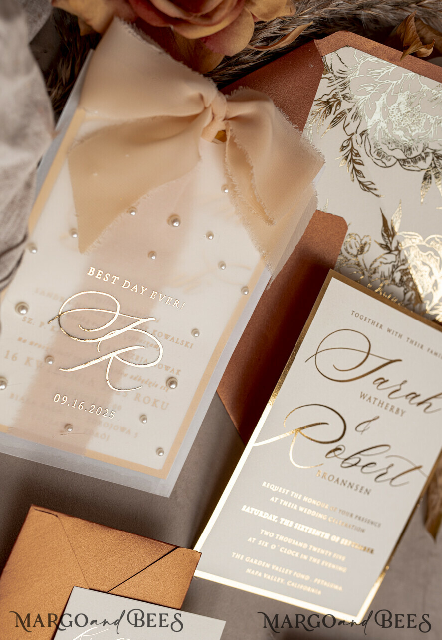 WEDDING INVITATIONS gold / rose gold / silver / glitter terracotta Chiffon bow beaded bespoke Elegant Burnt orange Gold Wedding Invitation Suite, White Perls Golden Wedding Cards, Boho golden folder Wedding Stationery, Vellum etui with monogram