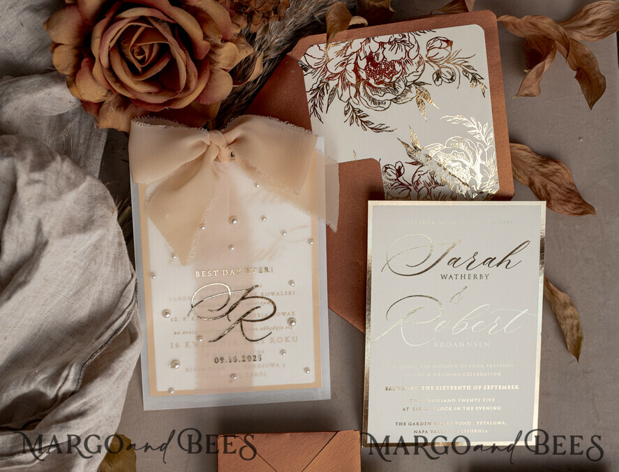WEDDING INVITATIONS gold / rose gold / silver / glitter terracotta Chiffon bow beaded bespoke Elegant Burnt orange Gold Wedding Invitation Suite, White Perls Golden Wedding Cards, Boho golden folder Wedding Stationery, Vellum etui with monogram