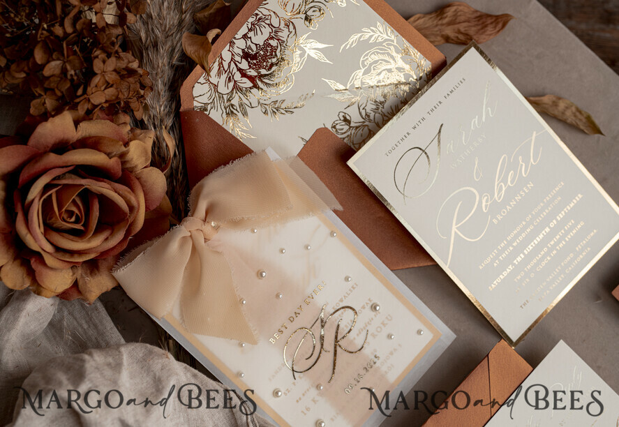WEDDING INVITATIONS gold / rose gold / silver / glitter terracotta Chiffon bow beaded bespoke Elegant Burnt orange Gold Wedding Invitation Suite, White Perls Golden Wedding Cards, Boho golden folder Wedding Stationery, Vellum etui with monogram