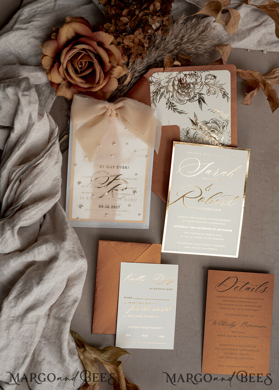 WEDDING INVITATIONS gold / rose gold / silver / glitter terracotta Chiffon bow beaded bespoke Elegant Burnt orange Gold Wedding Invitation Suite, White Perls Golden Wedding Cards, Boho golden folder Wedding Stationery, Vellum etui with monogram