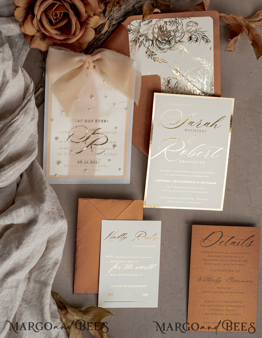 WEDDING INVITATIONS gold / rose gold / silver / glitter terracotta Chiffon bow beaded bespoke Elegant Burnt orange Gold Wedding Invitation Suite, White Perls Golden Wedding Cards, Boho golden folder Wedding Stationery, Vellum etui with monogram