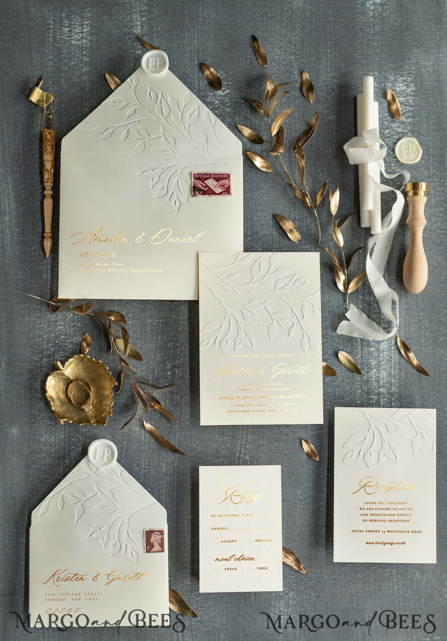Gold Cala Lilies Boxed Luxury Wedding Invitation Diamante & Feathers 
