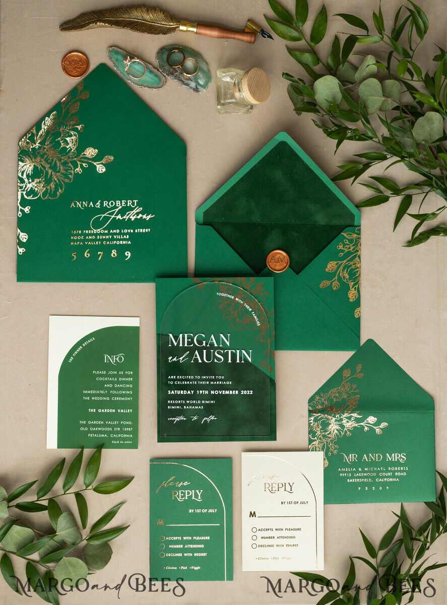 WEDDING INVITATIONS gold / rose gold / silver / glitter Arch Gold Acrylic wedding invitation suite, Velvet Pocket  Green Wedding Invites, Glamour Wedding Invitations, Greenery Wedding Set