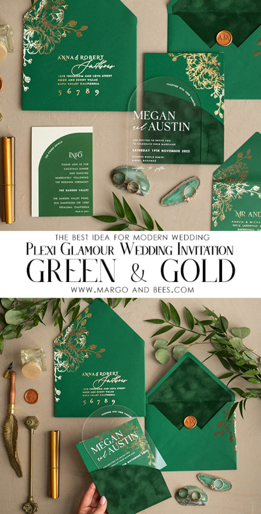 WEDDING INVITATIONS gold / rose gold / silver / glitter Arch Gold Acrylic wedding invitation suite, Velvet Pocket  Green Wedding Invites, Glamour Wedding Invitations, Greenery Wedding Set
