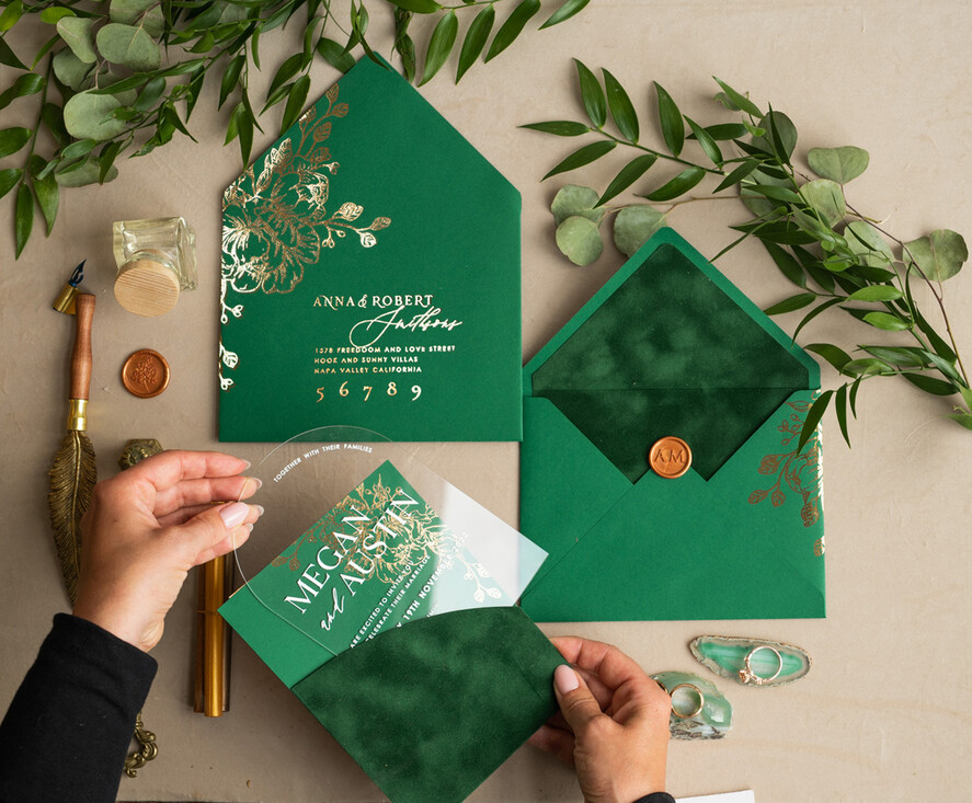 WEDDING INVITATIONS gold / rose gold / silver / glitter Arch Gold Acrylic wedding invitation suite, Velvet Pocket  Green Wedding Invites, Glamour Wedding Invitations, Greenery Wedding Set