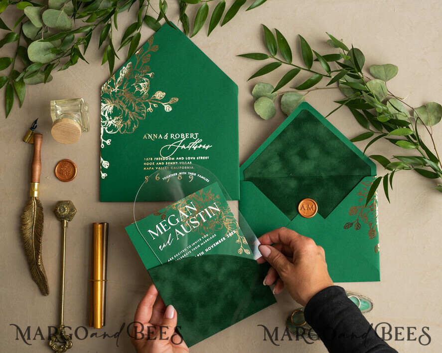 WEDDING INVITATIONS gold / rose gold / silver / glitter Arch Gold Acrylic wedding invitation suite, Velvet Pocket  Green Wedding Invites, Glamour Wedding Invitations, Greenery Wedding Set