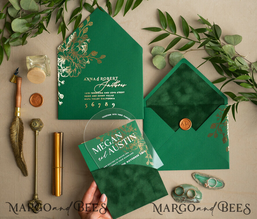 WEDDING INVITATIONS gold / rose gold / silver / glitter Arch Gold Acrylic wedding invitation suite, Velvet Pocket  Green Wedding Invites, Glamour Wedding Invitations, Greenery Wedding Set