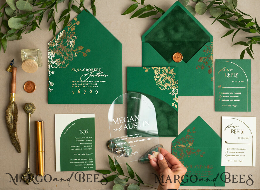 WEDDING INVITATIONS gold / rose gold / silver / glitter Arch Gold Acrylic wedding invitation suite, Velvet Pocket  Green Wedding Invites, Glamour Wedding Invitations, Greenery Wedding Set