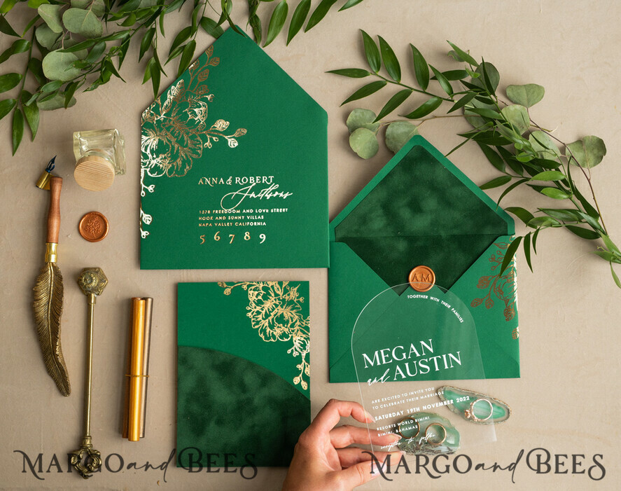 WEDDING INVITATIONS gold / rose gold / silver / glitter Arch Gold Acrylic wedding invitation suite, Velvet Pocket  Green Wedding Invites, Glamour Wedding Invitations, Greenery Wedding Set