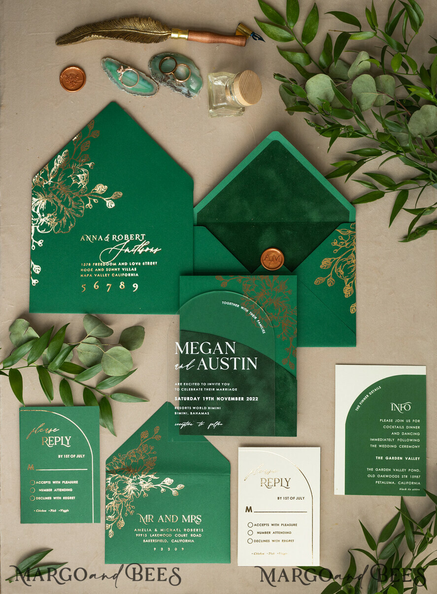 WEDDING INVITATIONS gold / rose gold / silver / glitter Arch Gold Acrylic wedding invitation suite, Velvet Pocket  Green Wedding Invites, Glamour Wedding Invitations, Greenery Wedding Set