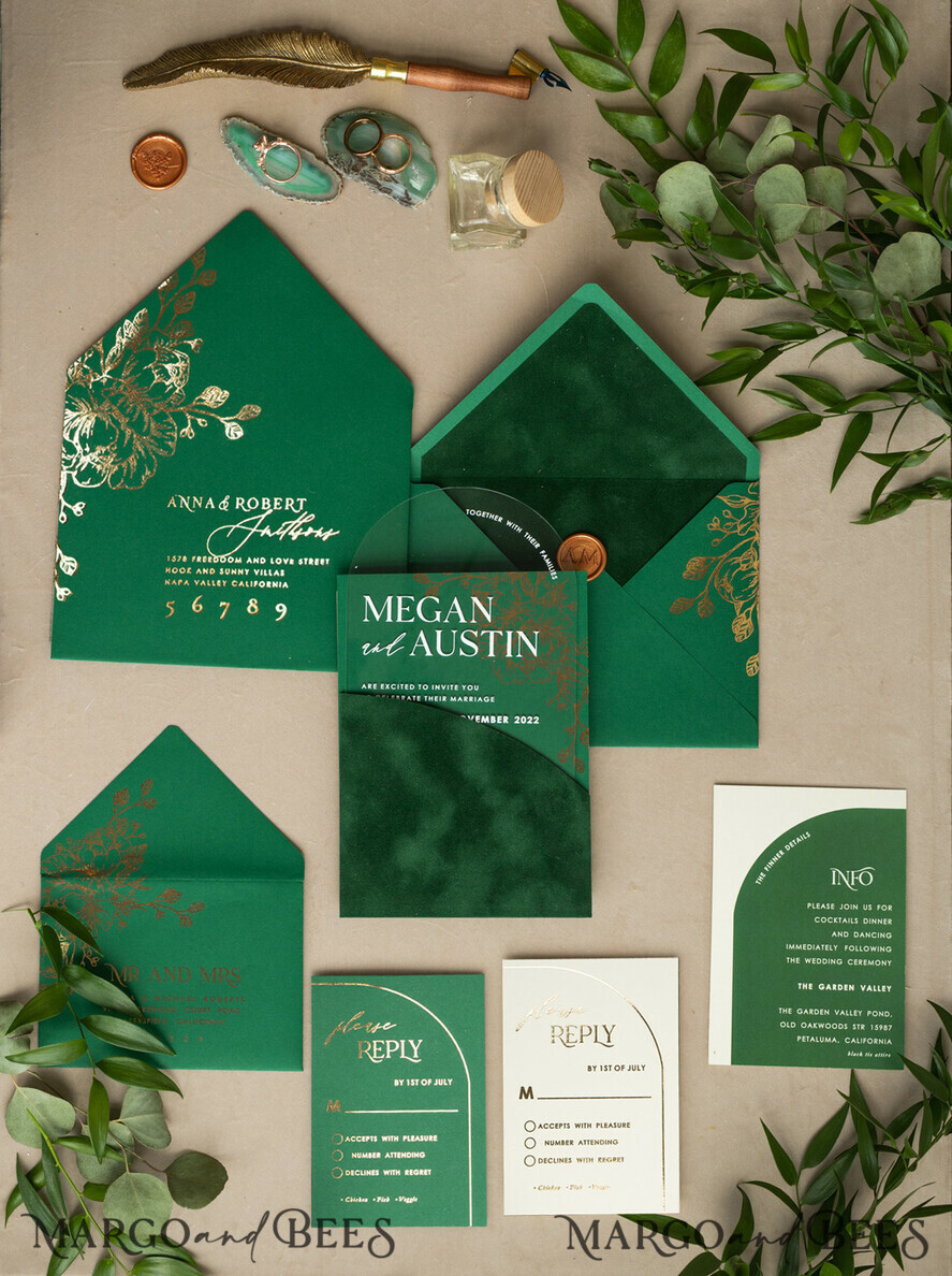 WEDDING INVITATIONS gold / rose gold / silver / glitter Arch Gold Acrylic wedding invitation suite, Velvet Pocket  Green Wedding Invites, Glamour Wedding Invitations, Greenery Wedding Set