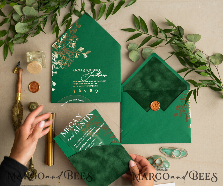 WEDDING INVITATIONS gold / rose gold / silver / glitter Arch Gold Acrylic wedding invitation suite, Velvet Pocket  Green Wedding Invites, Glamour Wedding Invitations, Greenery Wedding Set