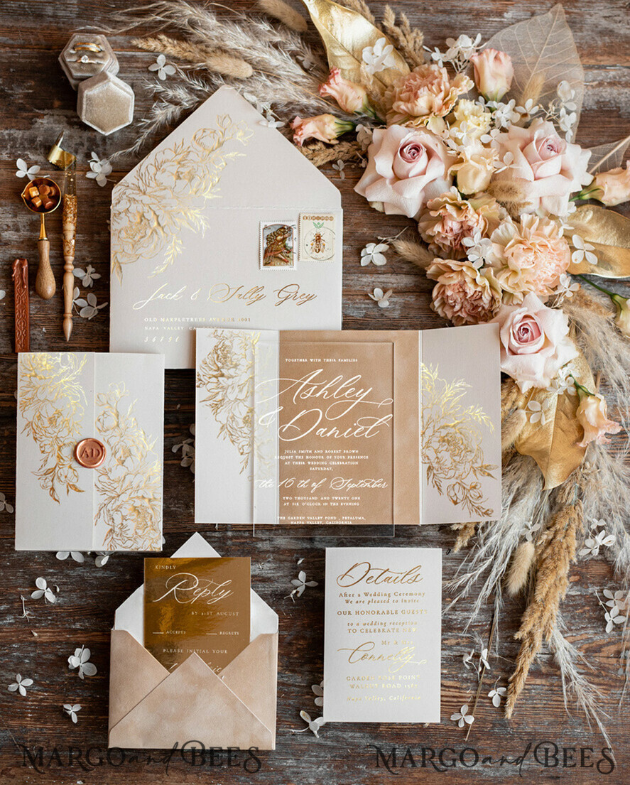 Luxury Gold Foil Wedding Invitations, Plexi Glamour Wedding Invitation Suite, Romantic Velvet Wedding Cards, Bespoke Golden Wedding Stationery