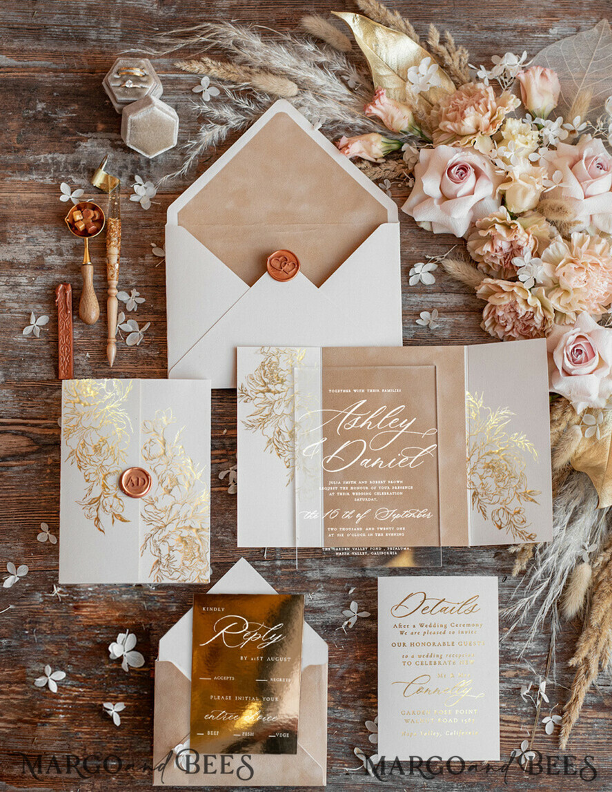 WEDDING INVITATIONS gold / rose gold / silver / glitter Luxury Gold Foil Wedding Invitations, Plexi Glamour Wedding Invitation Suite, Romantic Velvet Wedding Cards, Bespoke Golden Wedding Stationery