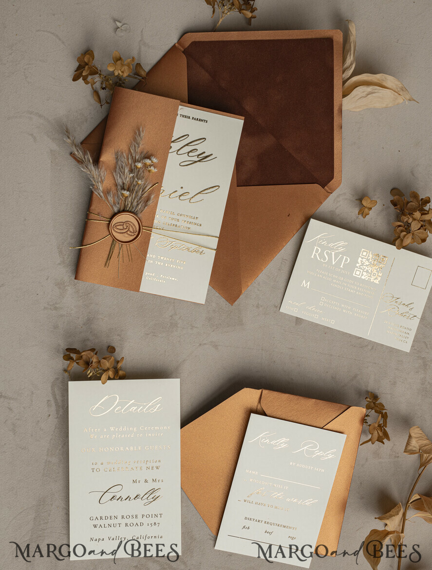 WEDDING INVITATIONS gold / rose gold / silver / glitter Fall Mirror gold Wedding Invitations, Elegant Terracotta Wedding Cards, Burnt orange Acrylic  Wedding Invites, Mirror Gold Plexi Wedding Invitation Suite