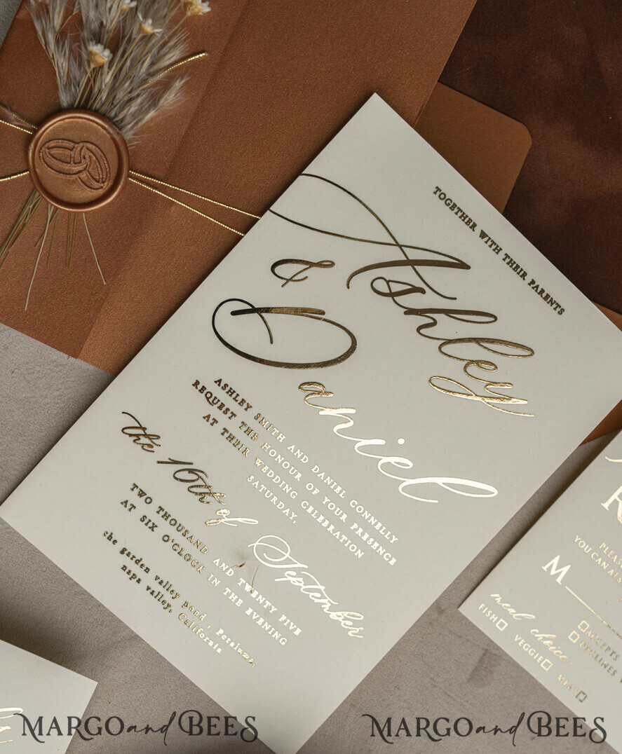WEDDING INVITATIONS gold / rose gold / silver / glitter Fall Mirror gold Wedding Invitations, Elegant Terracotta Wedding Cards, Burnt orange Acrylic  Wedding Invites, Mirror Gold Plexi Wedding Invitation Suite