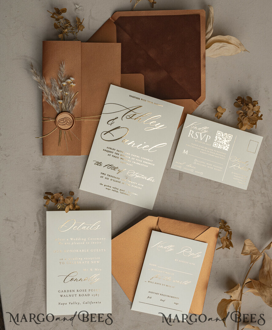 WEDDING INVITATIONS gold / rose gold / silver / glitter Fall Mirror gold Wedding Invitations, Elegant Terracotta Wedding Cards, Burnt orange Acrylic  Wedding Invites, Mirror Gold Plexi Wedding Invitation Suite