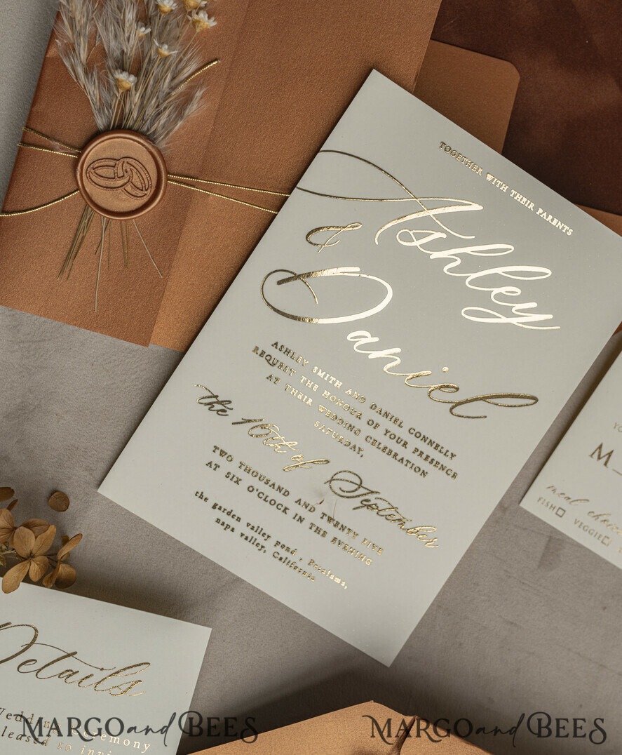 WEDDING INVITATIONS gold / rose gold / silver / glitter Fall Mirror gold Wedding Invitations, Elegant Terracotta Wedding Cards, Burnt orange Acrylic  Wedding Invites, Mirror Gold Plexi Wedding Invitation Suite