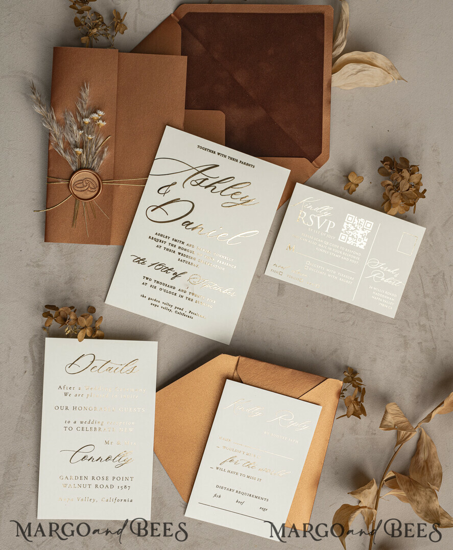 WEDDING INVITATIONS gold / rose gold / silver / glitter Fall Mirror gold Wedding Invitations, Elegant Terracotta Wedding Cards, Burnt orange Acrylic  Wedding Invites, Mirror Gold Plexi Wedding Invitation Suite
