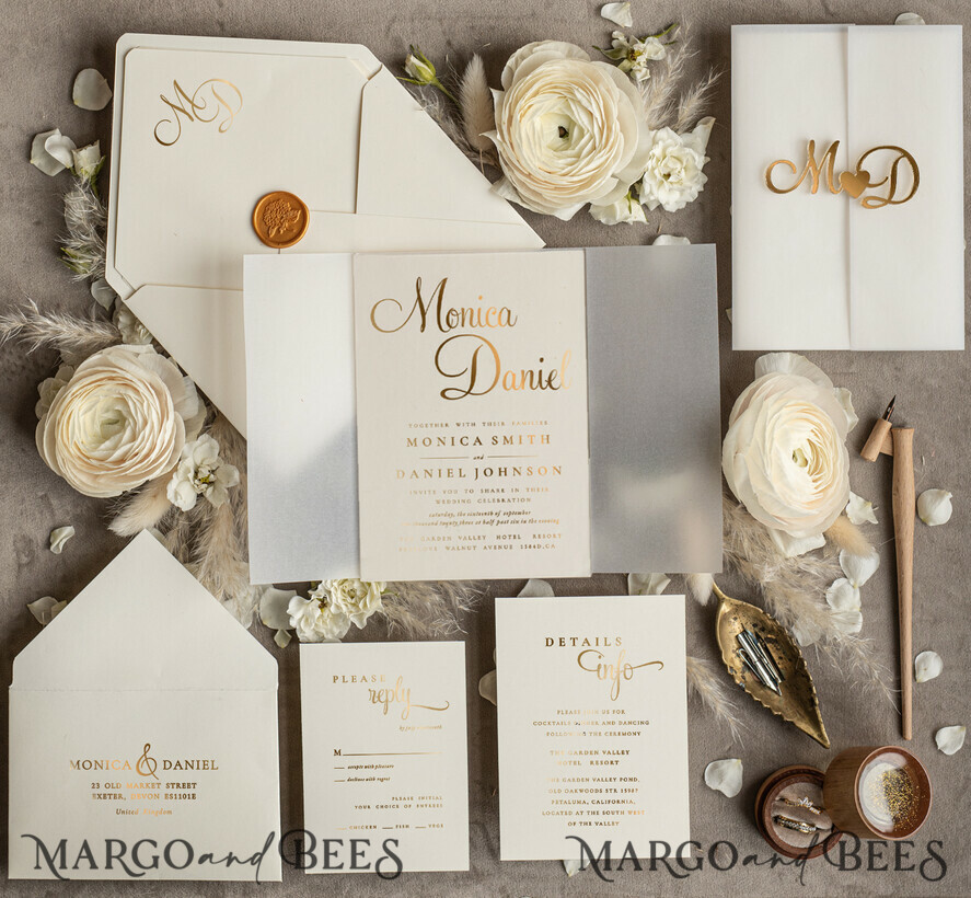 WEDDING INVITATIONS gold / rose gold / silver / glitter Wedding invitations handmade, golden mirror acryl initials Wedding Invitations, Golden Shine Wedding Invitation Suite 