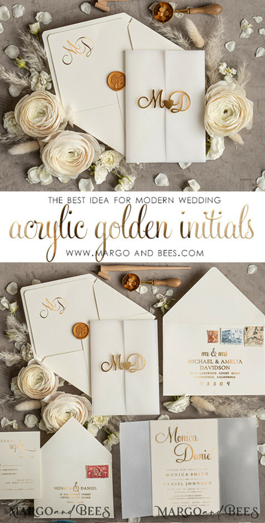 WEDDING INVITATIONS gold / rose gold / silver / glitter Wedding invitations handmade, golden mirror acryl initials Wedding Invitations, Golden Shine Wedding Invitation Suite 