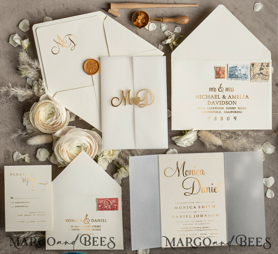 WEDDING INVITATIONS gold / rose gold / silver / glitter Wedding invitations handmade, golden mirror acryl initials Wedding Invitations, Golden Shine Wedding Invitation Suite 