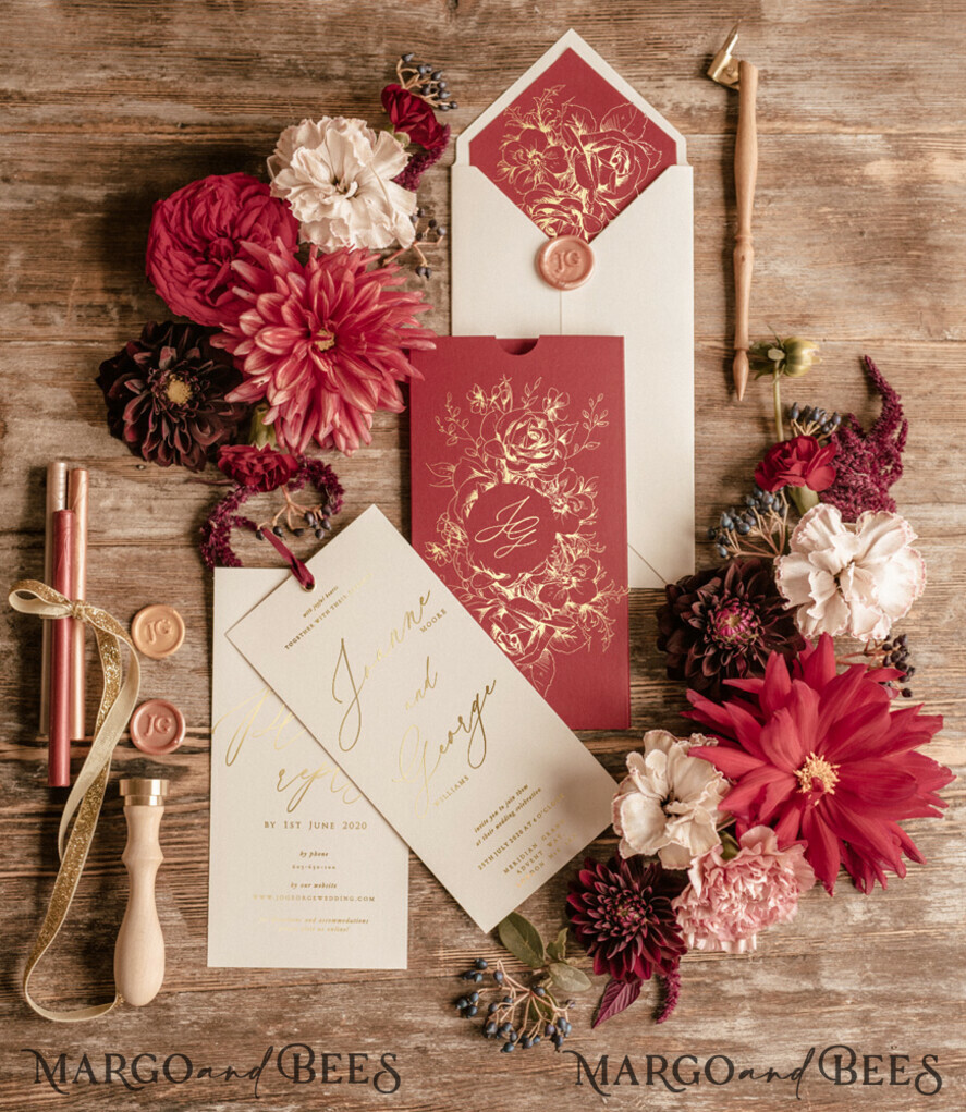 Romantic Red Rose Wedding Invitation,Black,Red Roses,Gold Print,Shimmery,Elegant,Custom,Printed Invitation,Wedding Set,Optional RSVP Card