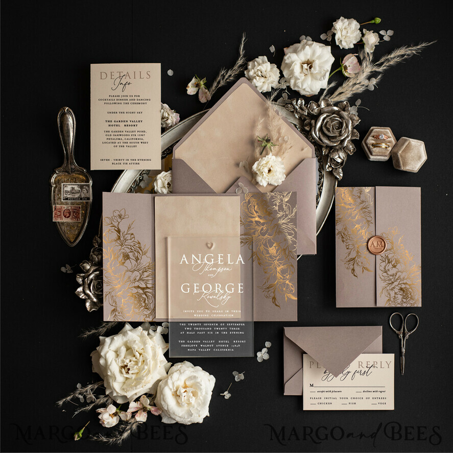 HOCHZEITS EINLADUNGEN Gold / Roségold / Silber / Glitzer Luxus Goldener Glanz Hochzeitskarten, Romantische Cappuccino Hochzeitskarten, Glamouröse Samt Hochzeitseinladungen, Moderne Goldfolien Hochzeitsstationery