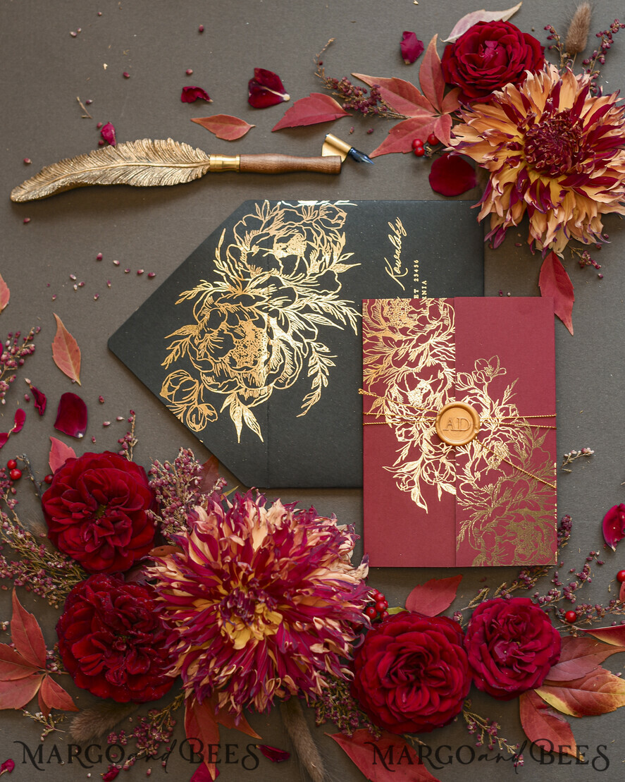 WEDDING INVITATIONS gold / rose gold / silver / glitter Golden Burgundy Wedding Invitations, Glamour Glitter Wedding Stationery, Elegant Black Wedding Invitation Suite, Gold Foil Luxury Arabic Wedding Cards
