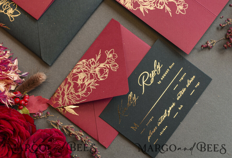 WEDDING INVITATIONS gold / rose gold / silver / glitter Golden Burgundy Wedding Invitations, Glamour Glitter Wedding Stationery, Elegant Black Wedding Invitation Suite, Gold Foil Luxury Arabic Wedding Cards