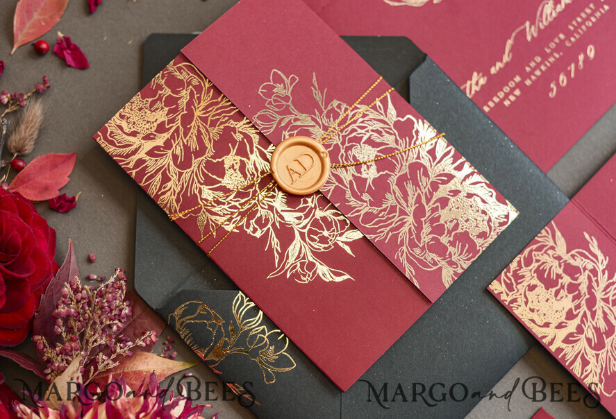 WEDDING INVITATIONS gold / rose gold / silver / glitter Golden Burgundy Wedding Invitations, Glamour Glitter Wedding Stationery, Elegant Black Wedding Invitation Suite, Gold Foil Luxury Arabic Wedding Cards