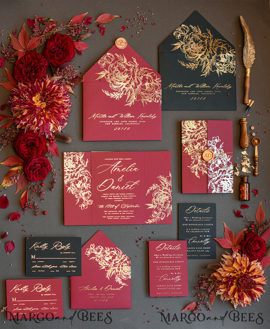 WEDDING INVITATIONS gold / rose gold / silver / glitter Golden Burgundy Wedding Invitations, Glamour Glitter Wedding Stationery, Elegant Black Wedding Invitation Suite, Gold Foil Luxury Arabic Wedding Cards
