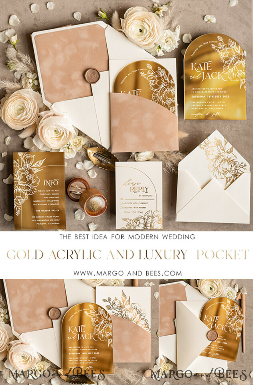 WEDDING INVITATIONS gold / rose gold / silver / glitter Arch Gold Acrylic wedding invitation, Luxury Pocket Nude Wedding Invites,  Glamour Wedding Invitation Suite