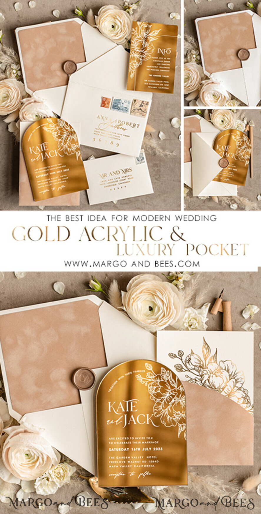 WEDDING INVITATIONS gold / rose gold / silver / glitter Arch Gold Acrylic wedding invitation, Luxury Pocket Nude Wedding Invites,  Glamour Wedding Invitation Suite