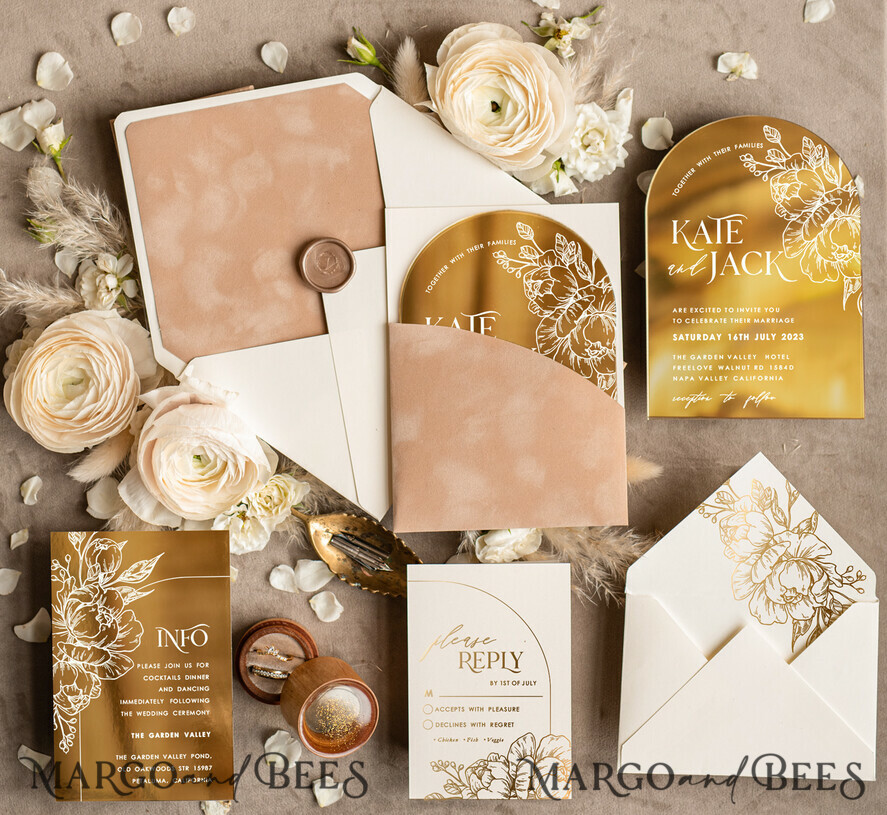 WEDDING INVITATIONS gold / rose gold / silver / glitter Arch Gold Acrylic wedding invitation, Luxury Pocket Nude Wedding Invites,  Glamour Wedding Invitation Suite