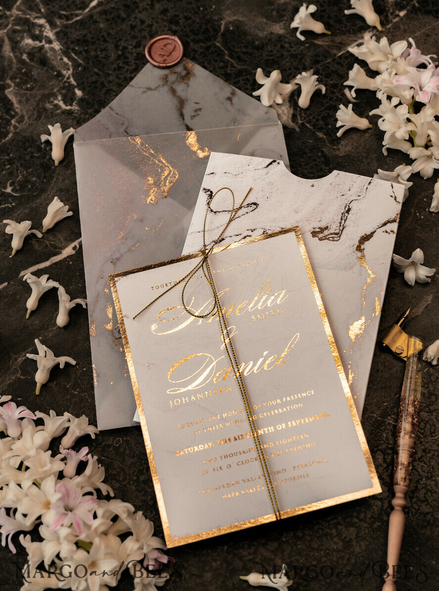 Pocket Fold Marble and Gold Invitation Gold Foil Wedding Invitation Sample 