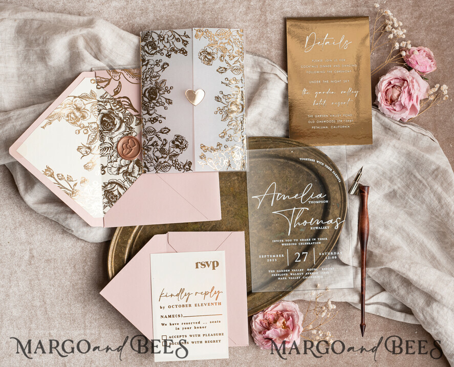 WEDDING INVITATIONS gold / rose gold / silver / glitter Bespoke Acrylic blush Pink gold wedding invitation, Glamour  golden nude Wedding Invitations with envelopes, Modern Golden Plexi Wedding Invitation Suite with rsvp ,Boho Glam Wedding Cards wax seal 