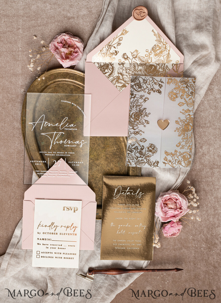 WEDDING INVITATIONS gold / rose gold / silver / glitter Bespoke Acrylic blush Pink gold wedding invitation, Glamour  golden nude Wedding Invitations with envelopes, Modern Golden Plexi Wedding Invitation Suite with rsvp ,Boho Glam Wedding Cards wax seal 