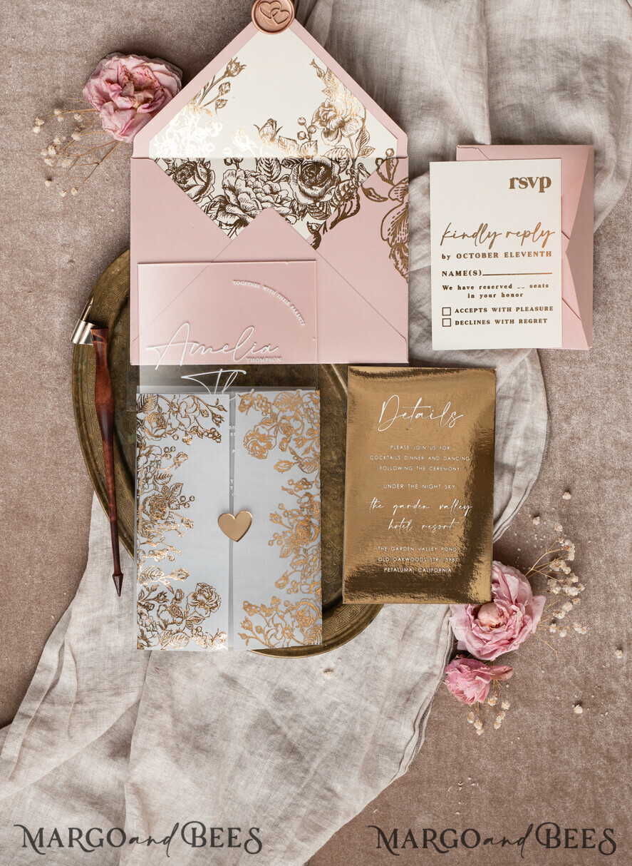 WEDDING INVITATIONS gold / rose gold / silver / glitter Bespoke Acrylic blush Pink gold wedding invitation, Glamour  golden nude Wedding Invitations with envelopes, Modern Golden Plexi Wedding Invitation Suite with rsvp ,Boho Glam Wedding Cards wax seal 