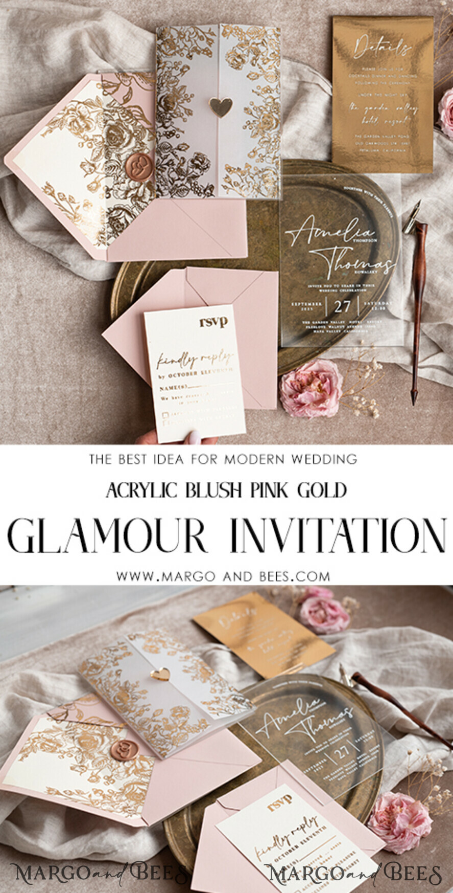 WEDDING INVITATIONS gold / rose gold / silver / glitter Bespoke Acrylic blush Pink gold wedding invitation, Glamour  golden nude Wedding Invitations with envelopes, Modern Golden Plexi Wedding Invitation Suite with rsvp ,Boho Glam Wedding Cards wax seal 