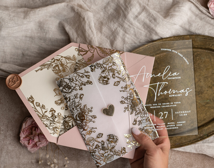WEDDING INVITATIONS gold / rose gold / silver / glitter Bespoke Acrylic blush Pink gold wedding invitation, Glamour  golden nude Wedding Invitations with envelopes, Modern Golden Plexi Wedding Invitation Suite with rsvp ,Boho Glam Wedding Cards wax seal 