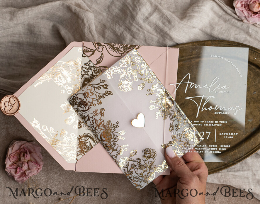 WEDDING INVITATIONS gold / rose gold / silver / glitter Bespoke Acrylic blush Pink gold wedding invitation, Glamour  golden nude Wedding Invitations with envelopes, Modern Golden Plexi Wedding Invitation Suite with rsvp ,Boho Glam Wedding Cards wax seal 