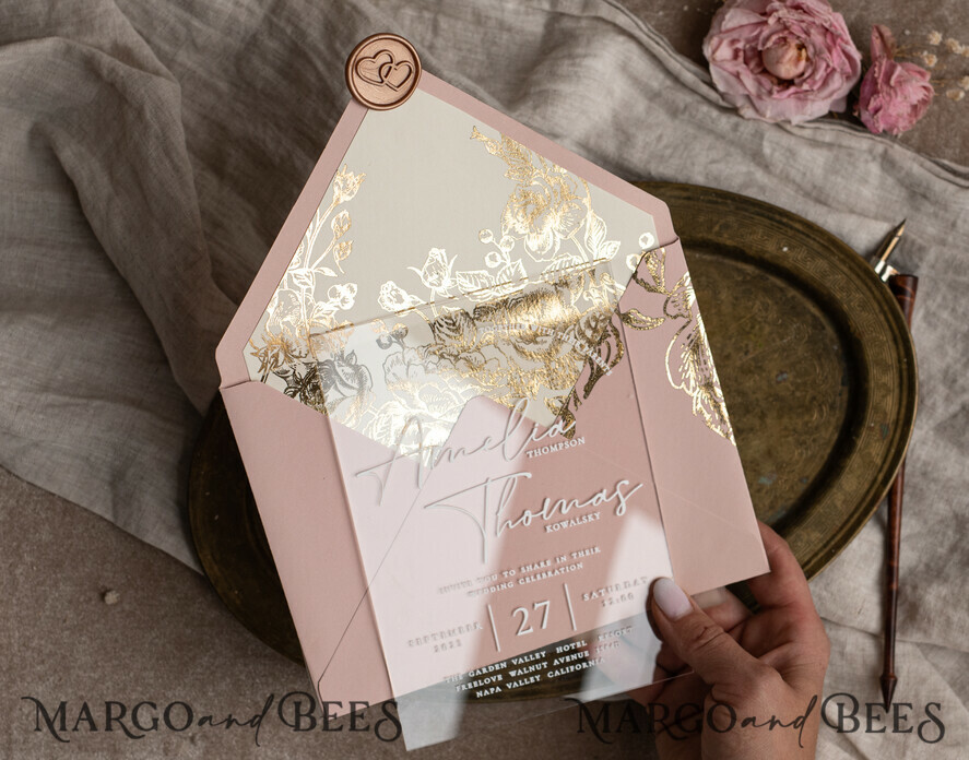 WEDDING INVITATIONS gold / rose gold / silver / glitter Bespoke Acrylic blush Pink gold wedding invitation, Glamour  golden nude Wedding Invitations with envelopes, Modern Golden Plexi Wedding Invitation Suite with rsvp ,Boho Glam Wedding Cards wax seal 