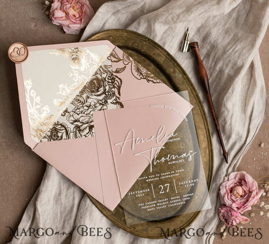 WEDDING INVITATIONS gold / rose gold / silver / glitter Bespoke Acrylic blush Pink gold wedding invitation, Glamour  golden nude Wedding Invitations with envelopes, Modern Golden Plexi Wedding Invitation Suite with rsvp ,Boho Glam Wedding Cards wax seal 