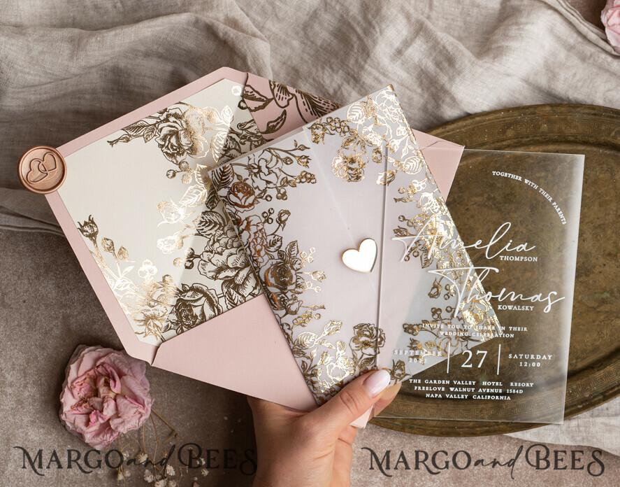 WEDDING INVITATIONS gold / rose gold / silver / glitter Bespoke Acrylic blush Pink gold wedding invitation, Glamour  golden nude Wedding Invitations with envelopes, Modern Golden Plexi Wedding Invitation Suite with rsvp ,Boho Glam Wedding Cards wax seal 