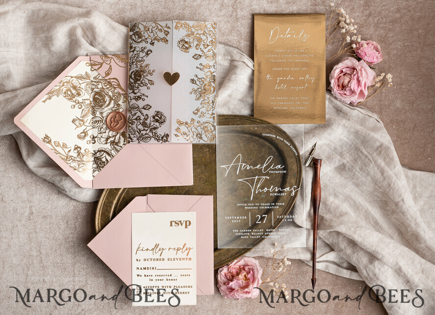 WEDDING INVITATIONS gold / rose gold / silver / glitter Bespoke Acrylic blush Pink gold wedding invitation, Glamour  golden nude Wedding Invitations with envelopes, Modern Golden Plexi Wedding Invitation Suite with rsvp ,Boho Glam Wedding Cards wax seal 