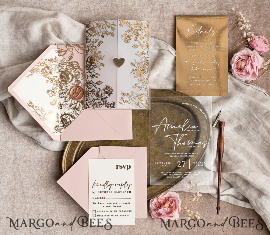 WEDDING INVITATIONS gold / rose gold / silver / glitter Bespoke Acrylic blush Pink gold wedding invitation, Glamour  golden nude Wedding Invitations with envelopes, Modern Golden Plexi Wedding Invitation Suite with rsvp ,Boho Glam Wedding Cards wax seal 
