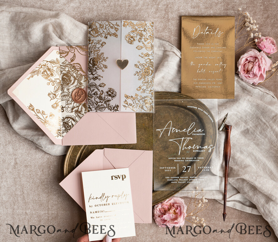 WEDDING INVITATIONS gold / rose gold / silver / glitter Bespoke Acrylic blush Pink gold wedding invitation, Glamour  golden nude Wedding Invitations with envelopes, Modern Golden Plexi Wedding Invitation Suite with rsvp ,Boho Glam Wedding Cards wax seal 